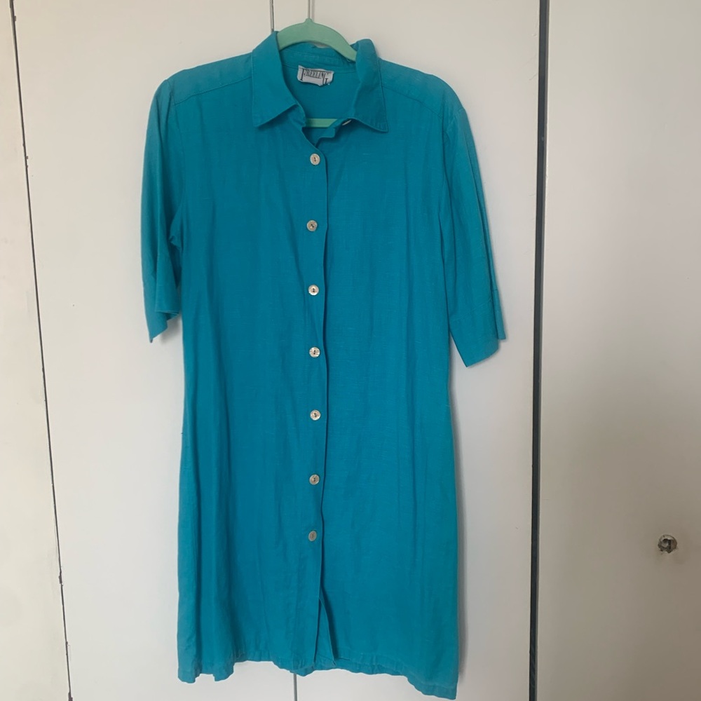 Vintage Cotton Turquoise Midi Shirt Dress - Made in Italy